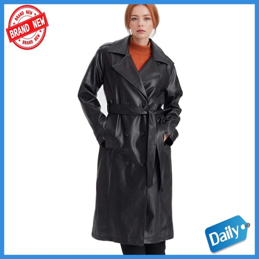 Women's Faux Leather Trench Coat with Belt, Classic Lapel Style